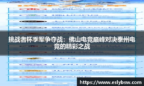 挑战者杯季军争夺战：佛山电竞巅峰对决泰州电竞的精彩之战